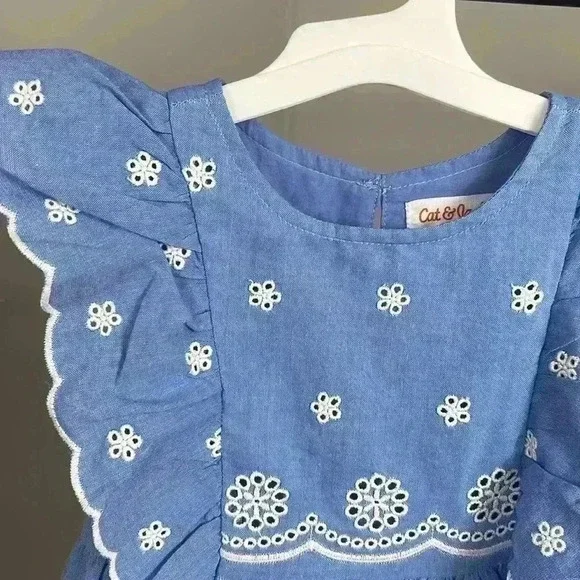 Girls' Chambray Lace Dress Blue W/White Floral Embroidery Toddler - Picture 2 of 6